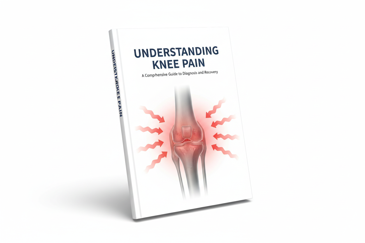 I want you to make an image for my free ebook. I want a white background with an ebook on it and on the ebook there should be an image of an knee with knee pain.